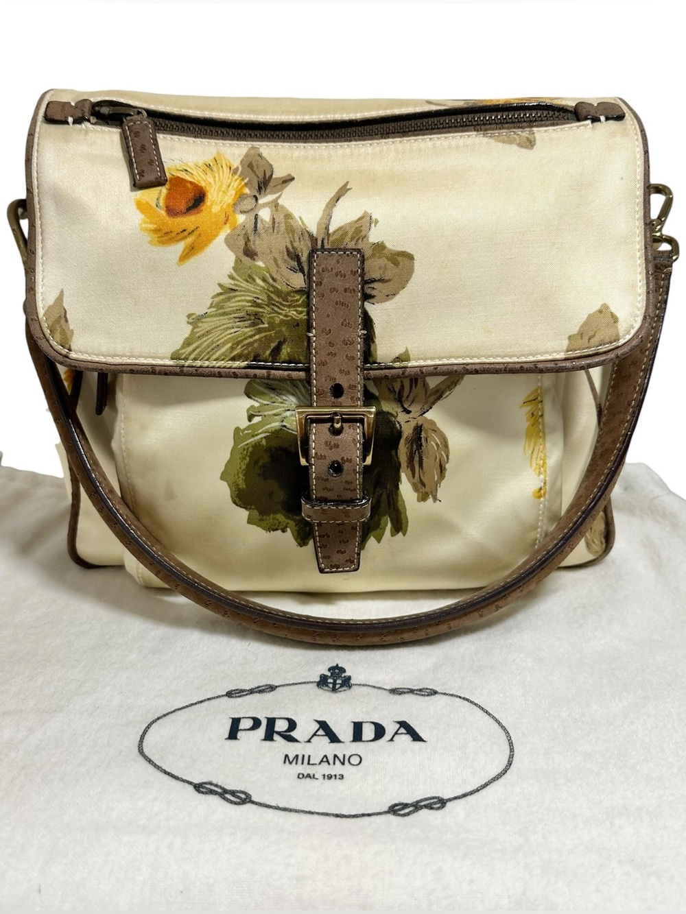 Prada St. Viola + St. Pec Satin Floral Beige Yellow & Brown Leather Bag
